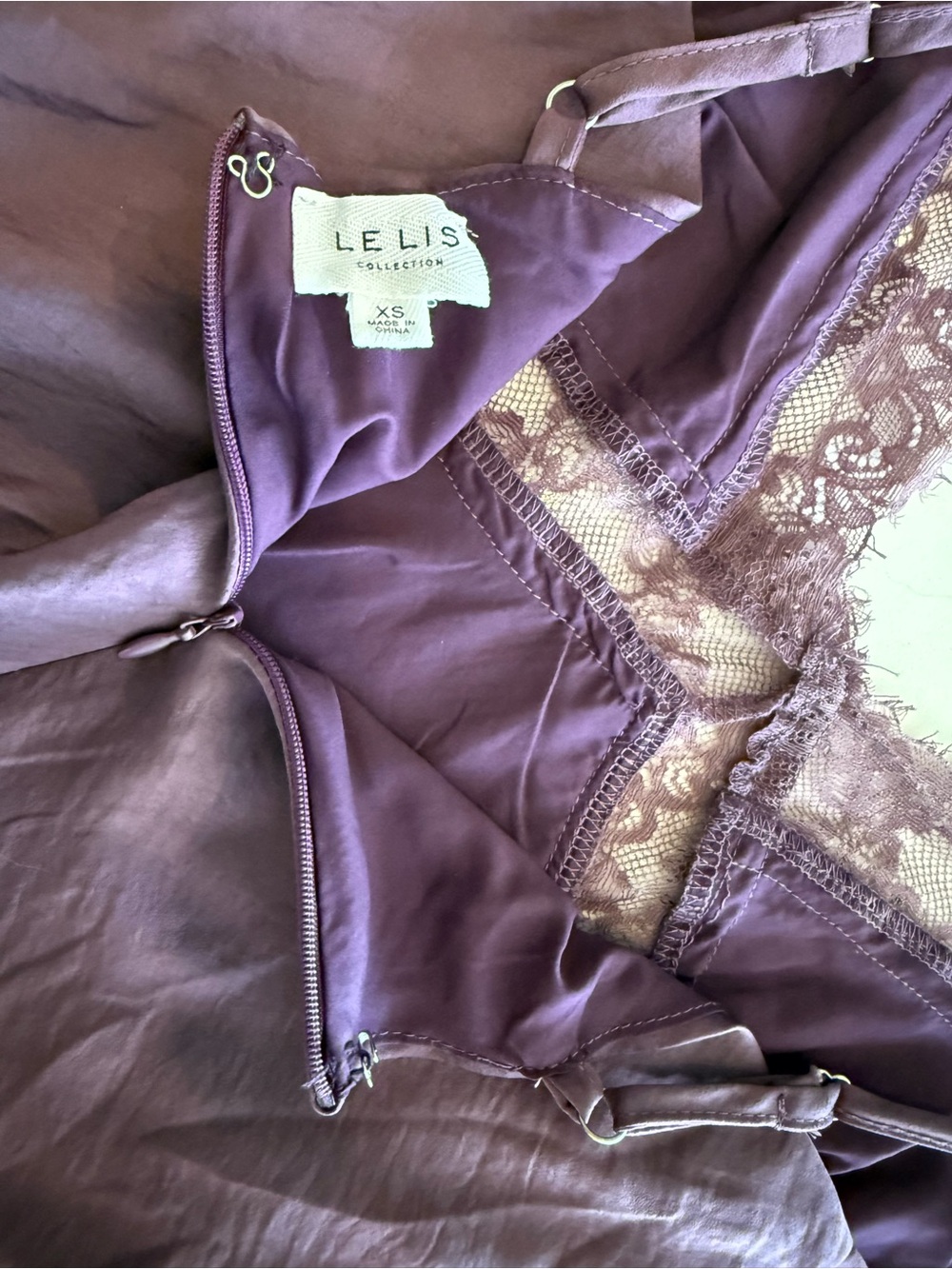 Le Lis Lace-Trim Satin Slip Dress in Plum - Picture 4 of 5
